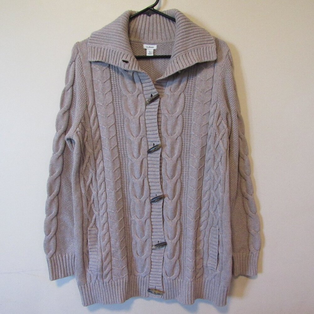 LL Bean Cable Knit Toggle Button Fisherman Cardigan Sweater Pockets sz XL